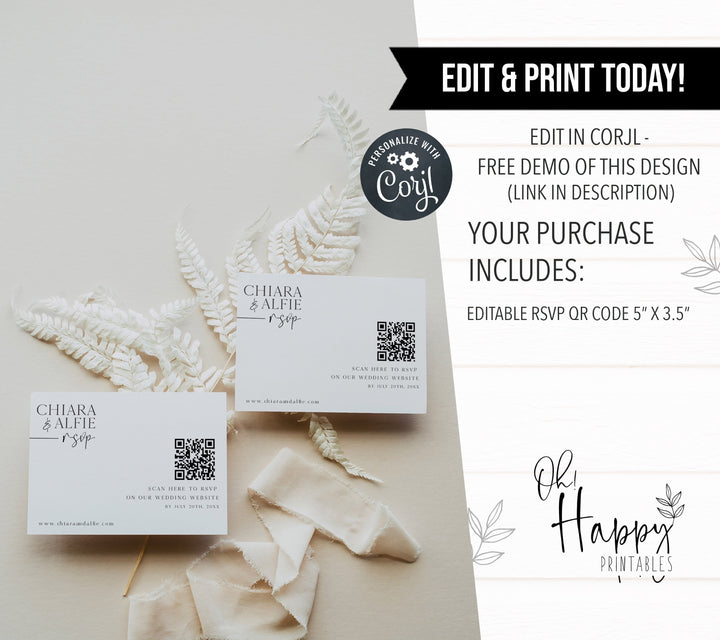 wedding QR code RSVP Card, modern wedding invitation suite, editable wedding stationery, printable wedding stationery, modern wedding items, wedding save the dates