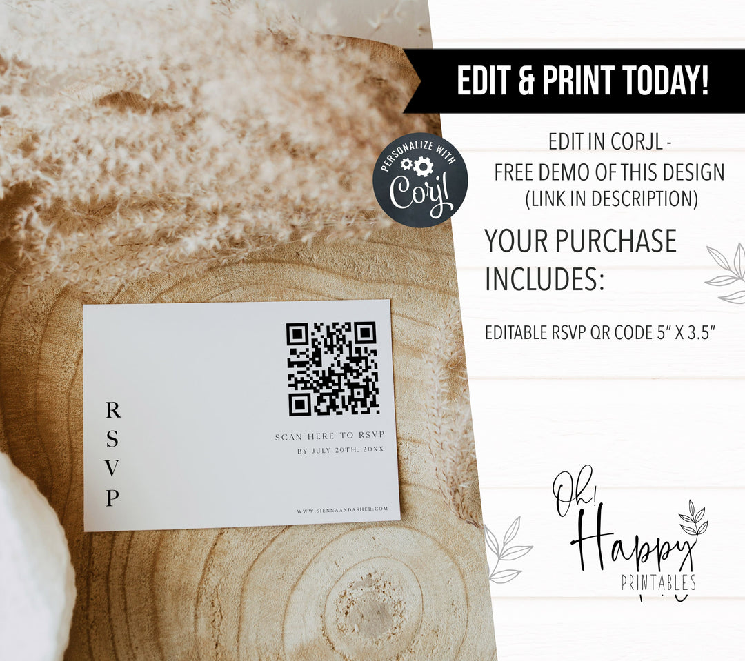 editable QR Code RSVP card, editable wedding invitation suite, editable wedding stationery, printable wedding stationery, modern wedding items, wedding save the dates