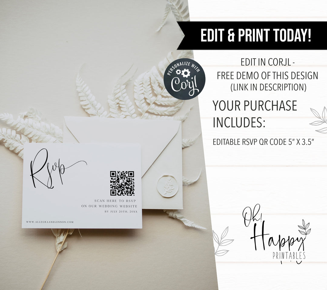editable QR RSVP card, editable QR card, CALLIGRAPHY editable wedding invitation suite, editable wedding stationery, printable wedding stationery, modern wedding items, wedding save the dates