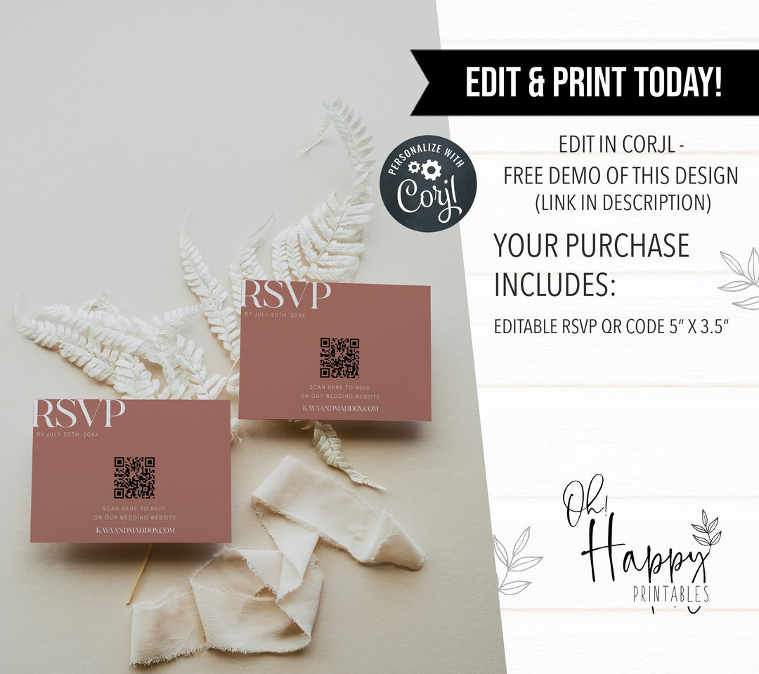 editable QR code RSVP card, printable QR code RSVP card,  cdusty rose wedding invitation suite, editable wedding stationery, printable wedding stationery, modern wedding items, wedding save the dates