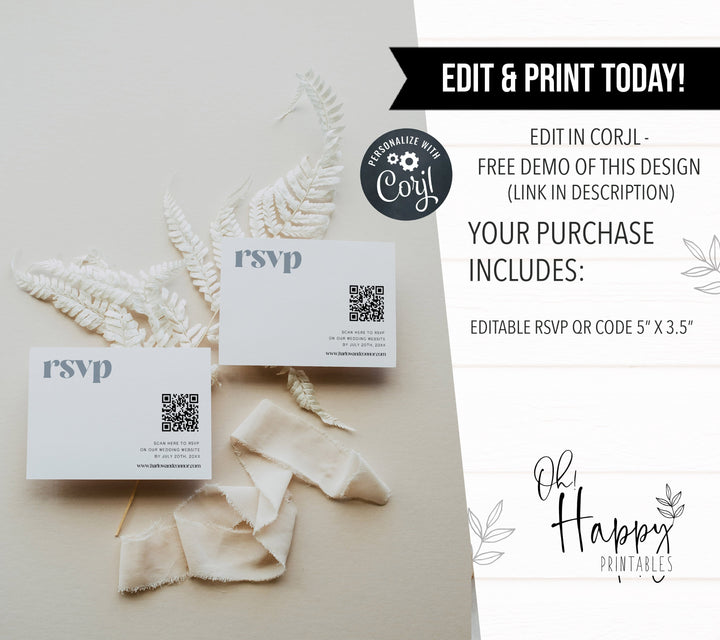 editable QR RSVP code, printable QR RSVP card, modern wedding invitation suite, editable wedding stationery, printable wedding stationery, modern wedding items, wedding save the dates