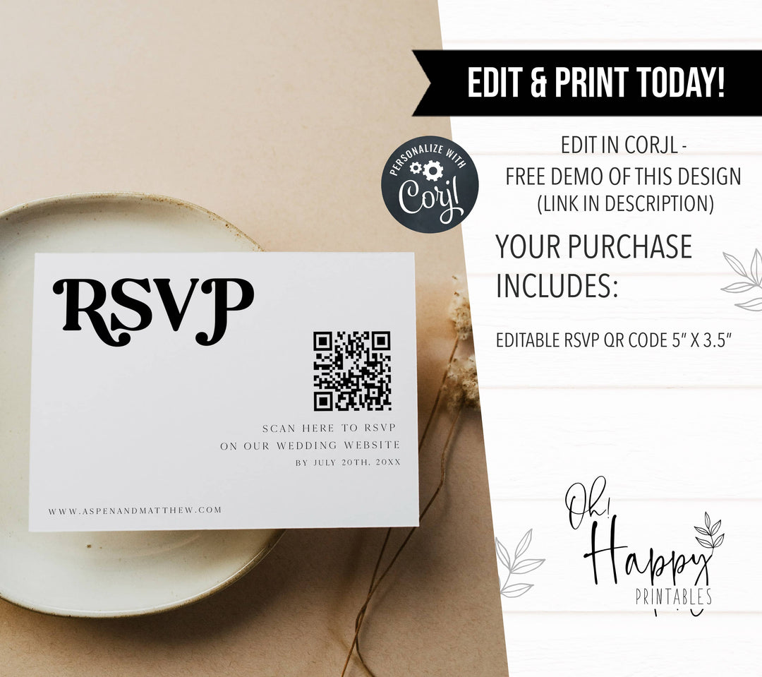 QR RSVP card, 70s Style wedding invitation suite, editable wedding stationery, printable wedding stationery, modern wedding items, wedding save the dates
