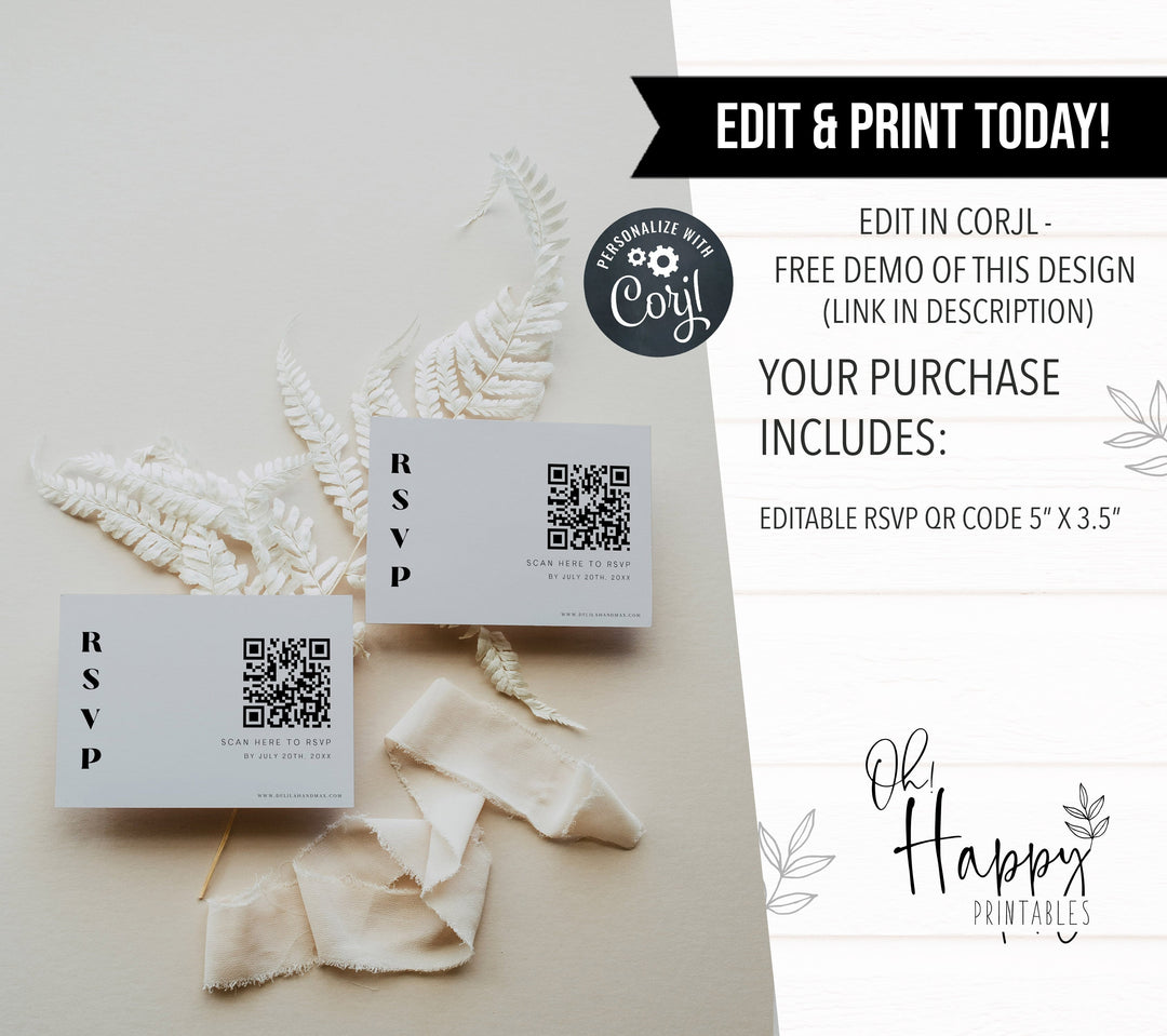 editable QR RSVP card, grey modern wedding invitation suite, editable wedding stationery, printable wedding stationery, modern wedding items, wedding save the dates