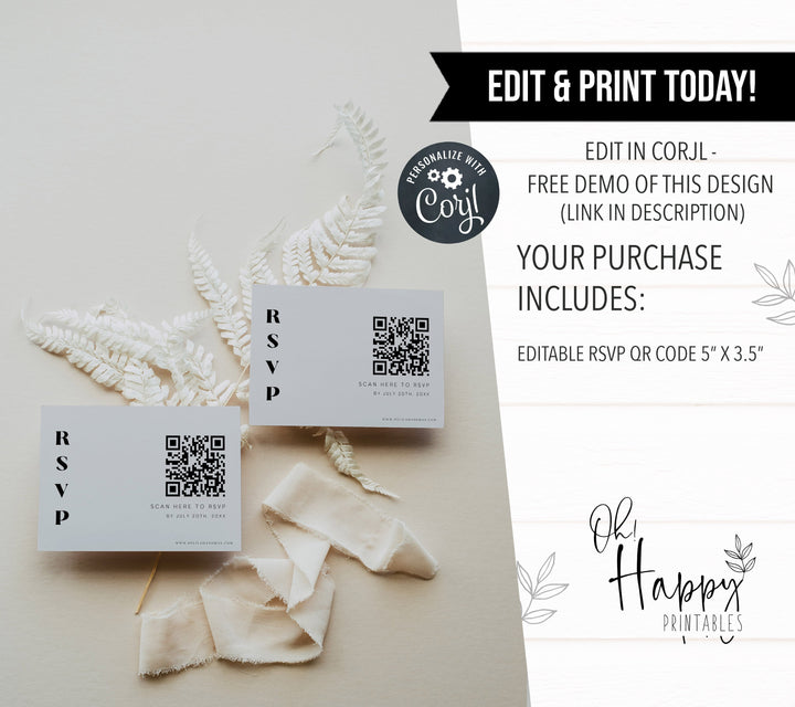 editable QR RSVP card, grey modern wedding invitation suite, editable wedding stationery, printable wedding stationery, modern wedding items, wedding save the dates