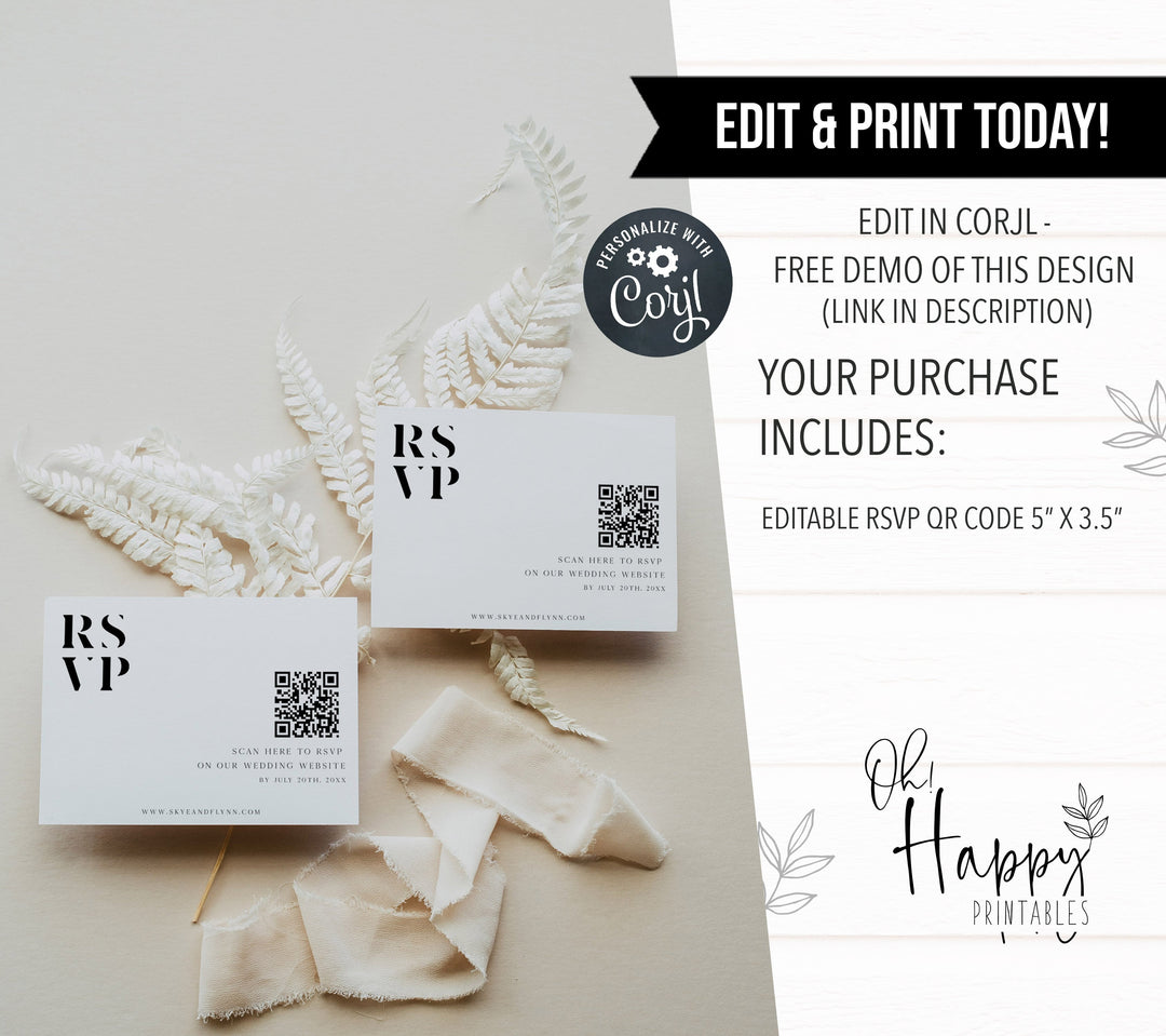 editable QR code RSVP wedding card, printable QR code wedding card, editable wedding invitation suite, editable wedding stationery, printable wedding stationery, modern wedding items, wedding save the dates