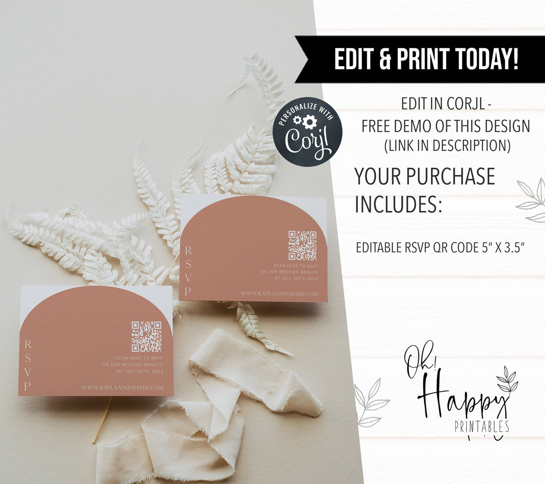 QR code RSVP card, modern wedding invitation suite, editable wedding stationery, printable wedding stationery, modern wedding items, wedding save the dates