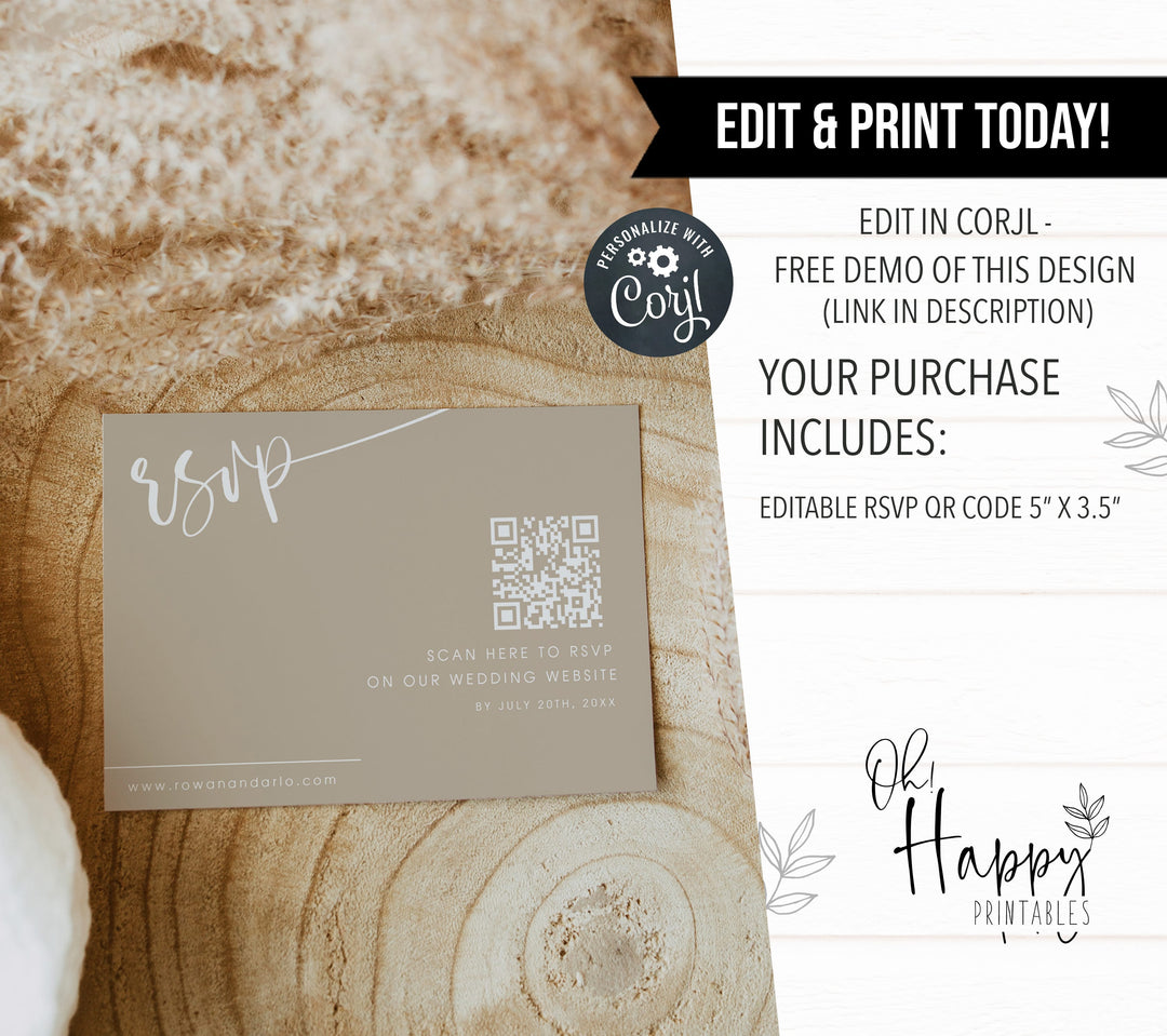editable QR RSVP Card, CALLIGRAPHY editable wedding invitation suite, editable wedding stationery, printable wedding stationery, modern wedding items, wedding save the dates