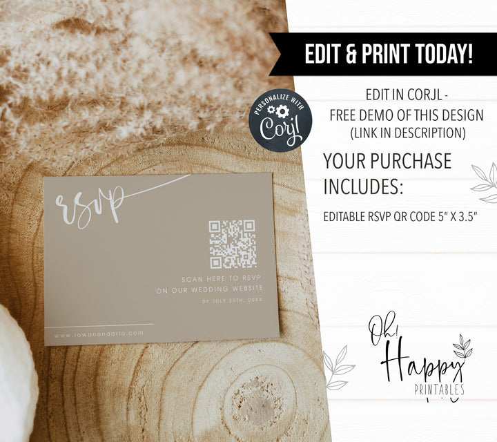 editable QR RSVP Card, CALLIGRAPHY editable wedding invitation suite, editable wedding stationery, printable wedding stationery, modern wedding items, wedding save the dates
