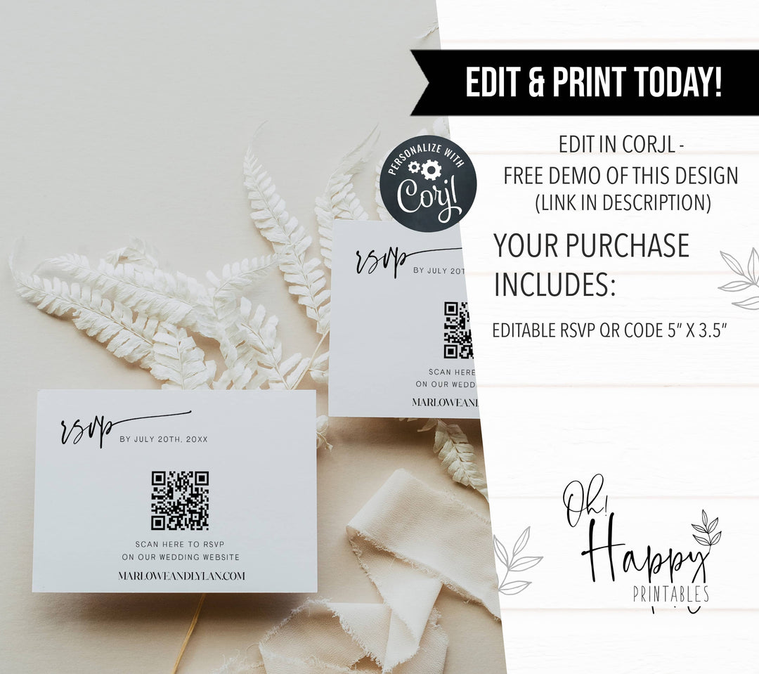 editable QR RSVP code card, printable QR code wedding RSVP, editable wedding RSVP card