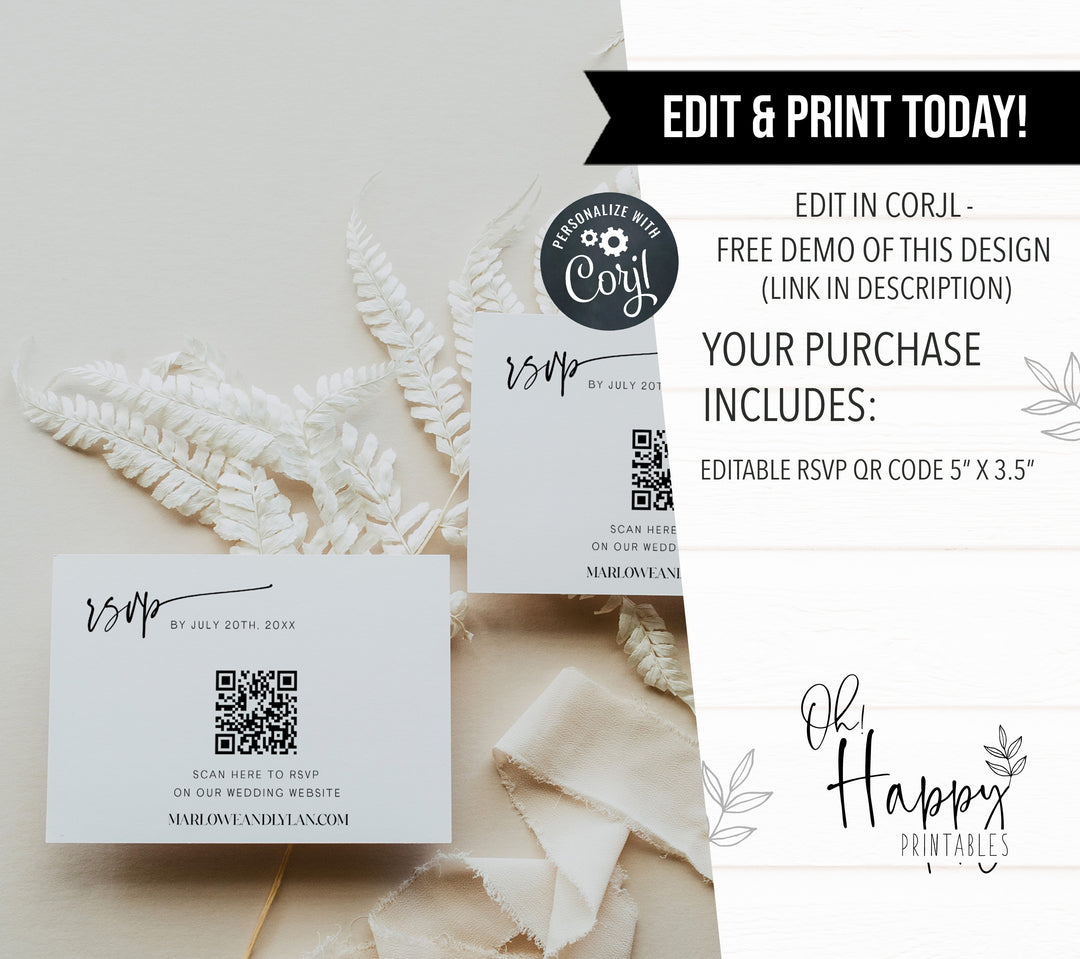editable QR RSVP card, printable QR RSVP card, Simple modern wedding invitation suite, editable wedding stationery, printable wedding stationery, modern wedding items, wedding save the dates