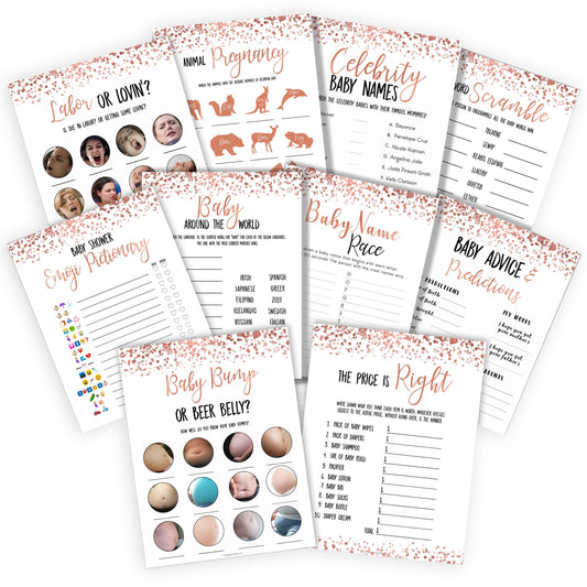 10 rose gold mega pack baby shower games, porn or labor games, funny baby shower games, porn or labour, baby bump or beer belly, printable baby shower games, fun baby shower games, popular baby shower games