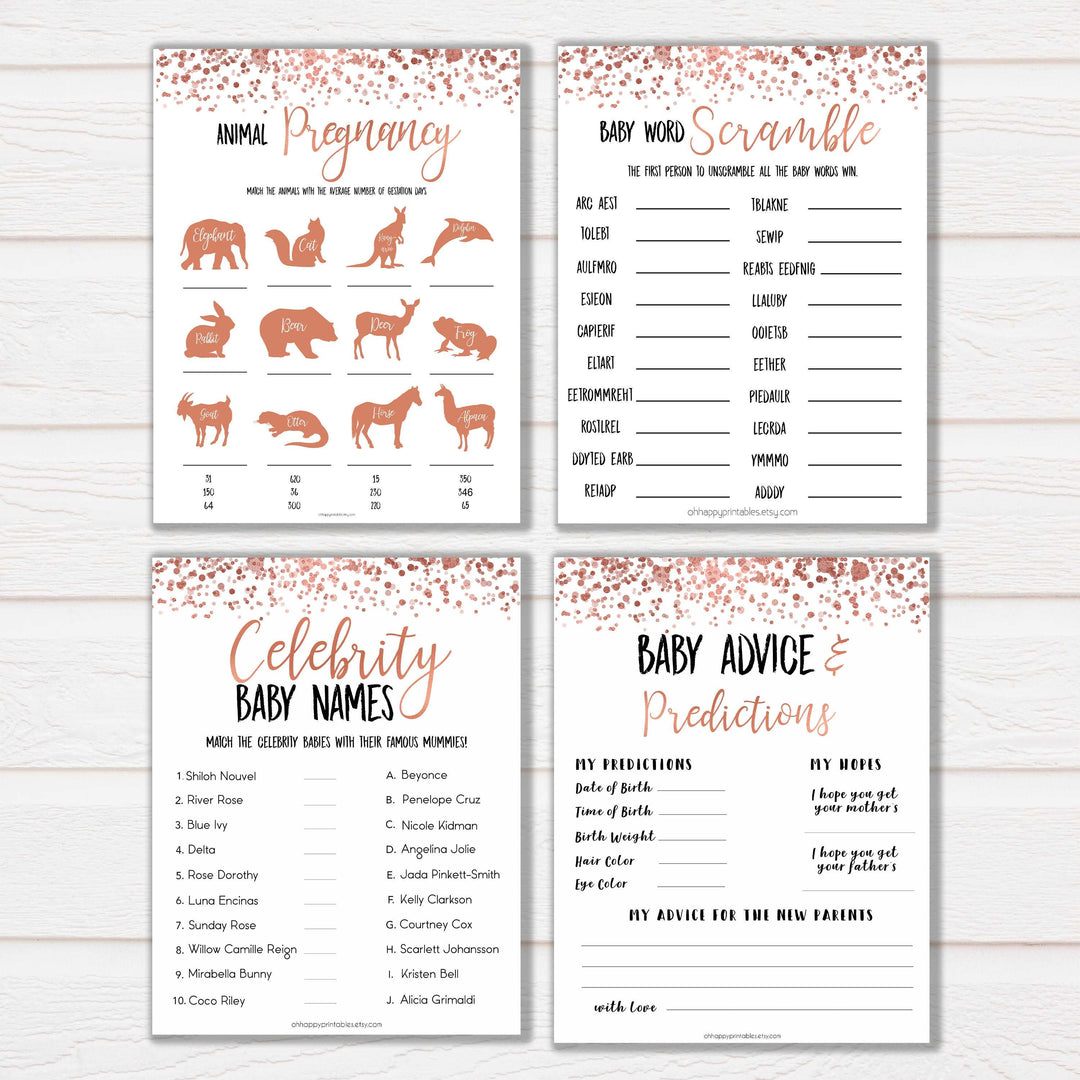10 rose gold mega pack baby shower games, porn or labor games, funny baby shower games, porn or labour, baby bump or beer belly, printable baby shower games, fun baby shower games, popular baby shower games