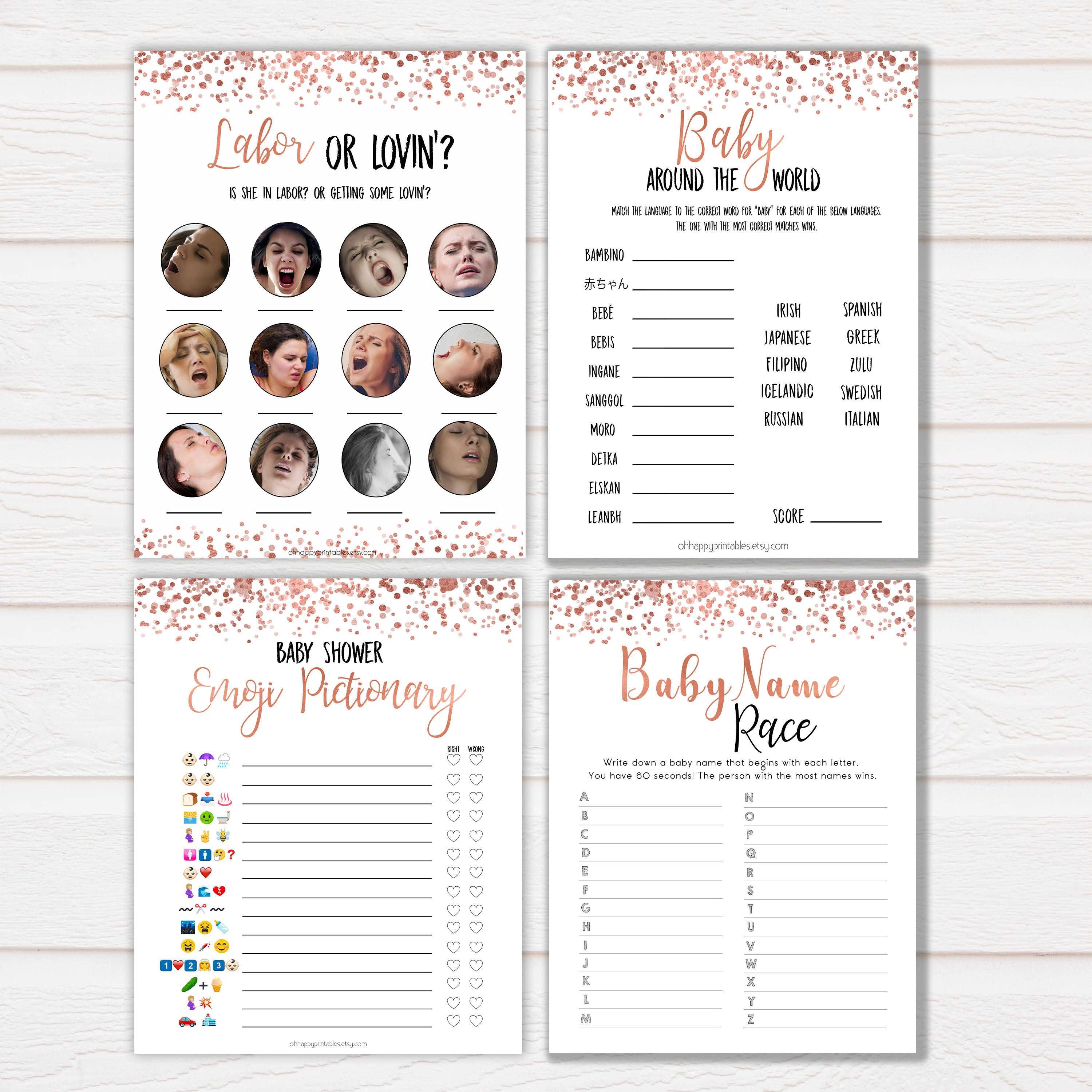 10 rose gold mega pack baby shower games, porn or labor games, funny baby shower games, porn or labour, baby bump or beer belly, printable baby shower games, fun baby shower games, popular baby shower games