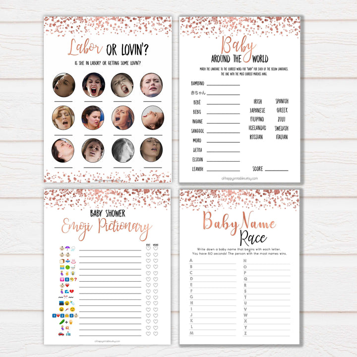 10 rose gold mega pack baby shower games, porn or labor games, funny baby shower games, porn or labour, baby bump or beer belly, printable baby shower games, fun baby shower games, popular baby shower games