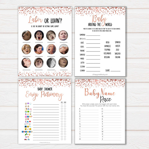 10 rose gold mega pack baby shower games, porn or labor games, funny baby shower games, porn or labour, baby bump or beer belly, printable baby shower games, fun baby shower games, popular baby shower games