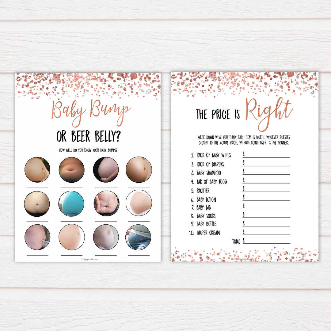10 rose gold mega pack baby shower games, porn or labor games, funny baby shower games, porn or labour, baby bump or beer belly, printable baby shower games, fun baby shower games, popular baby shower games