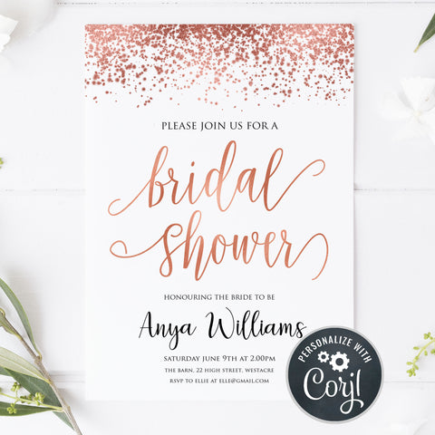 rose gold bridal shower invite, editable bridal shower invite, rose gold bridal shower, editable invites