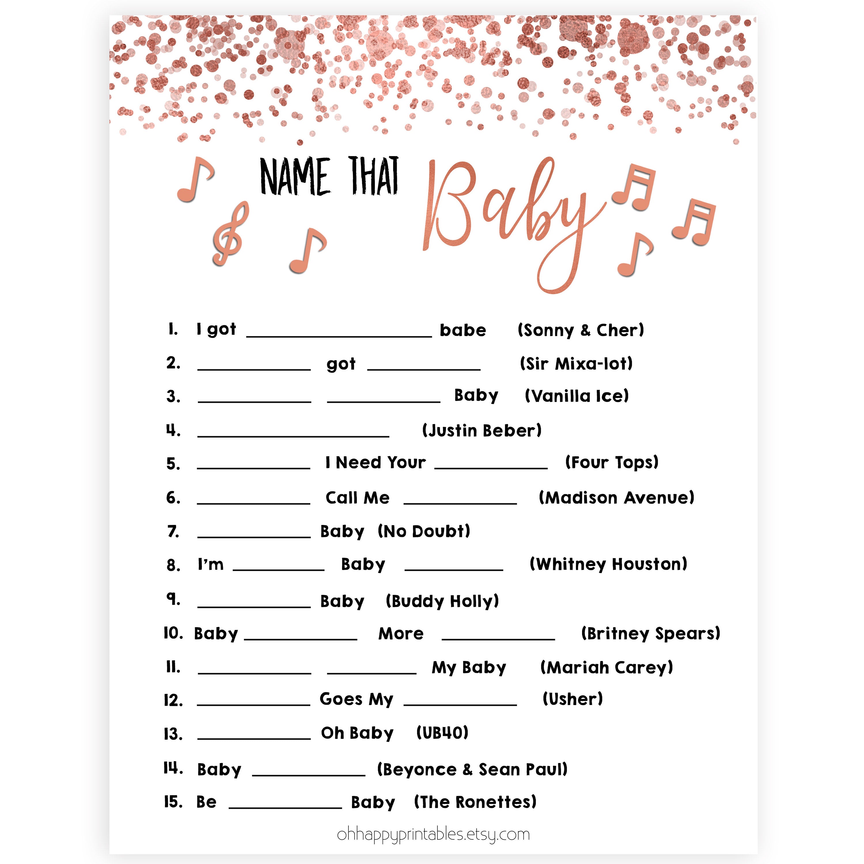 Rose Gold Name That Song Baby, Baby Song Games, Guess the Song Game, Rose Gold Baby Shower, Name that Baby, Musical Baby Games, Printable baby shower games, fun baby shower games, popular baby shower games