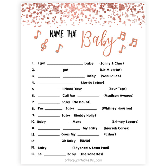 Rose Gold Name That Song Baby, Baby Song Games, Guess the Song Game, Rose Gold Baby Shower, Name that Baby, Musical Baby Games, Printable baby shower games, fun baby shower games, popular baby shower games
