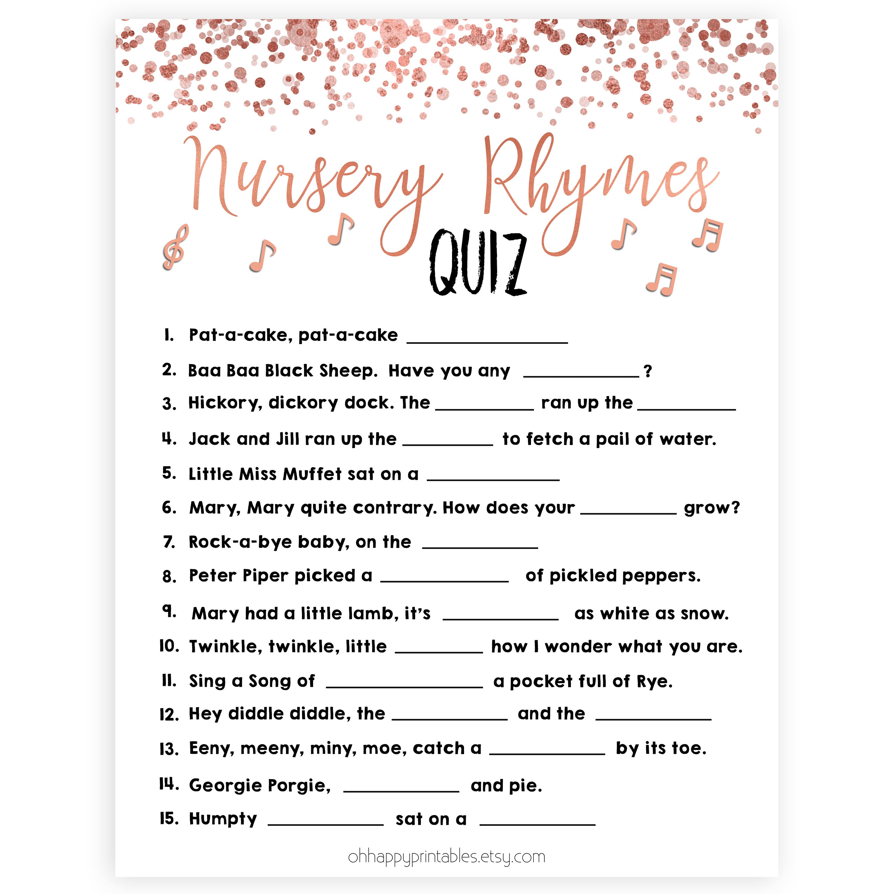 Rose Gold Nursery Rhyme Quiz, Nursery Rhyme Game, Baby Shower Games, Baby Rhyme Game, Guess the Nursery Rhyme, Rose Gold Baby Shower Games, printable baby shower games, fun baby shower games, popular baby shower games