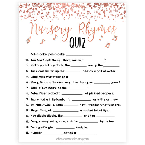 Rose Gold Nursery Rhyme Quiz, Nursery Rhyme Game, Baby Shower Games, Baby Rhyme Game, Guess the Nursery Rhyme, Rose Gold Baby Shower Games, printable baby shower games, fun baby shower games, popular baby shower games