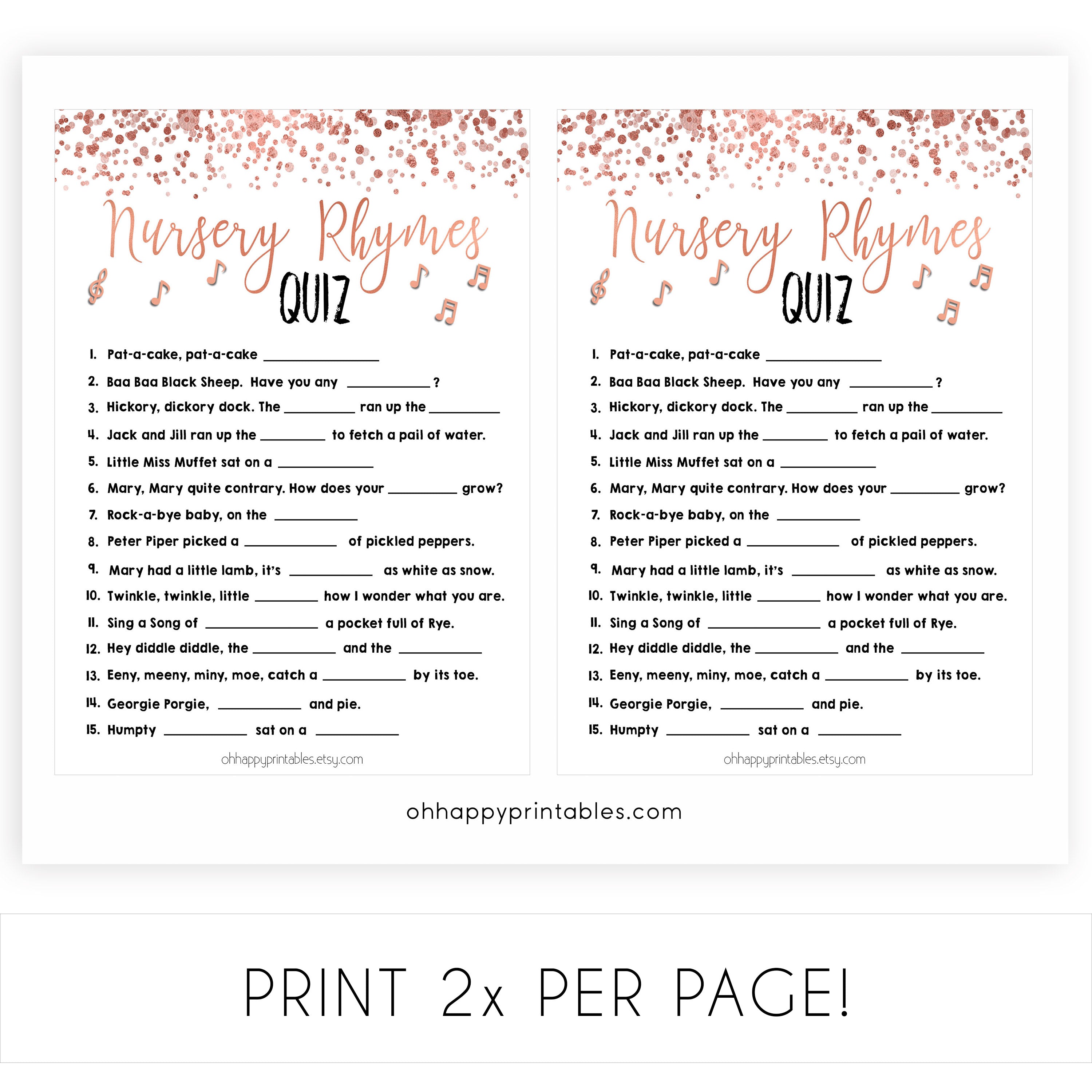 Rose Gold Nursery Rhyme Quiz, Nursery Rhyme Game, Baby Shower Games, Baby Rhyme Game, Guess the Nursery Rhyme, Rose Gold Baby Shower Games, printable baby shower games, fun baby shower games, popular baby shower games