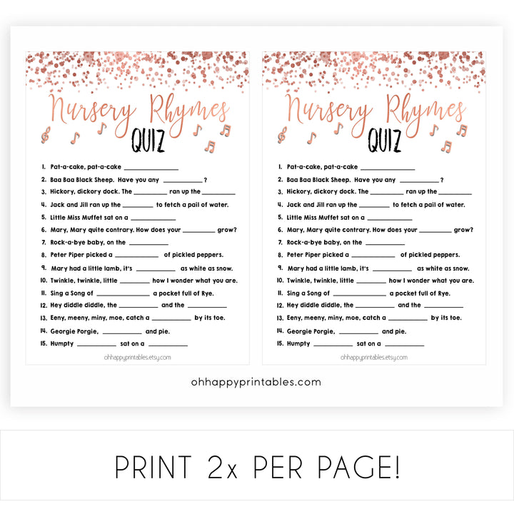 Rose Gold Nursery Rhyme Quiz, Nursery Rhyme Game, Baby Shower Games, Baby Rhyme Game, Guess the Nursery Rhyme, Rose Gold Baby Shower Games, printable baby shower games, fun baby shower games, popular baby shower games