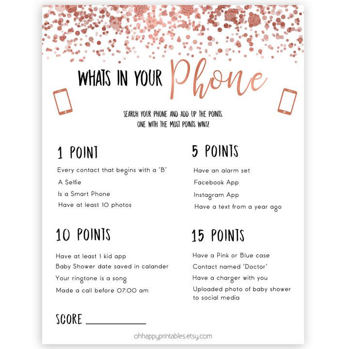 rose gold whats in your phone game, printable baby shower games, fun baby games, rose gold baby games, popular baby games