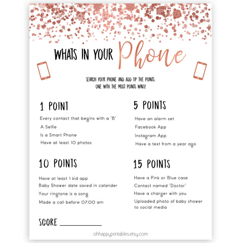rose gold whats in your phone game, printable baby shower games, fun baby games, rose gold baby games, popular baby games