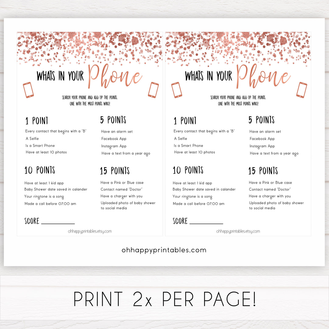 rose gold whats in your phone game, printable baby shower games, fun baby games, rose gold baby games, popular baby games