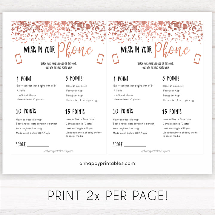 rose gold whats in your phone game, printable baby shower games, fun baby games, rose gold baby games, popular baby games