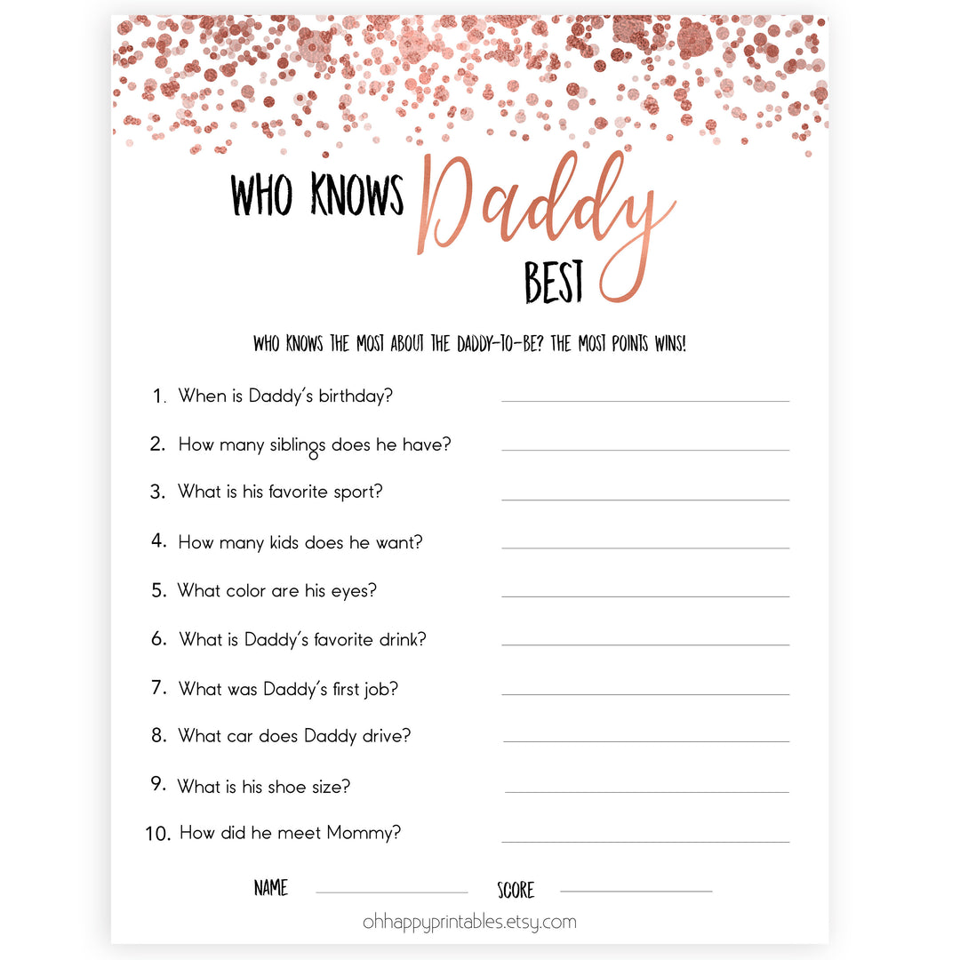 Rose Gold Who Knows Daddy Best, How Well Do you Know Daddy Games, Who Knows Daddy Game, Baby Shower Games, Rose Gold Baby Shower, Printable baby shower games, fun baby shower games, popular baby shower games