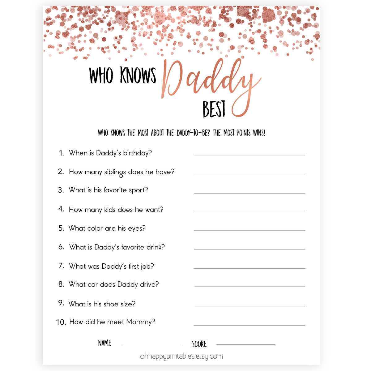 Rose Gold Who Knows Daddy Best, How Well Do you Know Daddy Games, Who Knows Daddy Game, Baby Shower Games, Rose Gold Baby Shower, Printable baby shower games, fun baby shower games, popular baby shower games