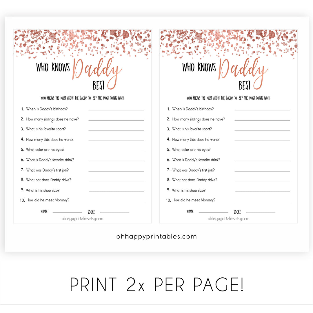 Rose Gold Who Knows Daddy Best, How Well Do you Know Daddy Games, Who Knows Daddy Game, Baby Shower Games, Rose Gold Baby Shower, Printable baby shower games, fun baby shower games, popular baby shower games