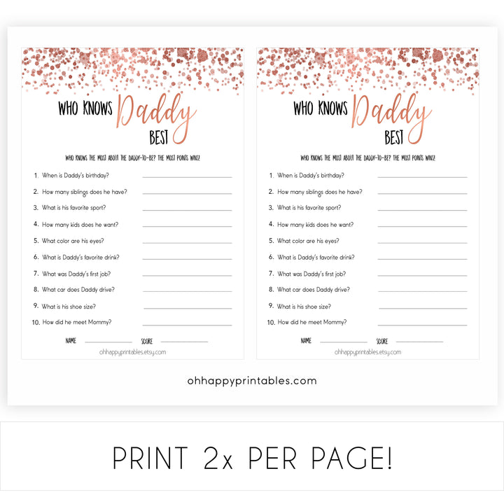 Rose Gold Who Knows Daddy Best, How Well Do you Know Daddy Games, Who Knows Daddy Game, Baby Shower Games, Rose Gold Baby Shower, Printable baby shower games, fun baby shower games, popular baby shower games