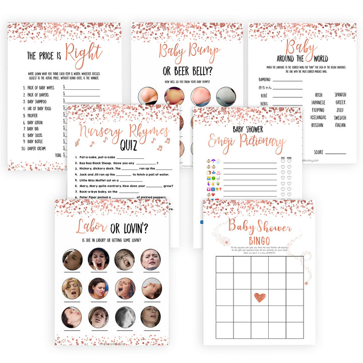 Rose Gold Baby Shower Games Pack, 7 Baby Shower Games Bundle, Printable Baby Shower Games, Rose Gold Baby Shower Ideas, Baby Shower, printable baby shower games, fun baby shower games, popular baby shower games