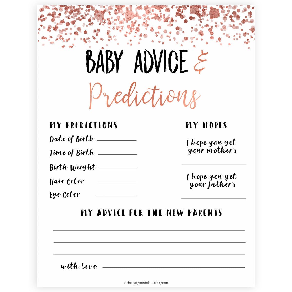 Rose Gold Baby Advice & Predictions, Advice for New Parents, Baby Advice Printable, Rose Gold Baby Shower, New Baby Predictions, printable baby shower games, fun baby shower games, popular baby shower games