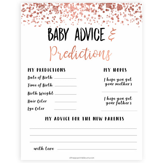 Rose Gold Baby Advice & Predictions, Advice for New Parents, Baby Advice Printable, Rose Gold Baby Shower, New Baby Predictions, printable baby shower games, fun baby shower games, popular baby shower games