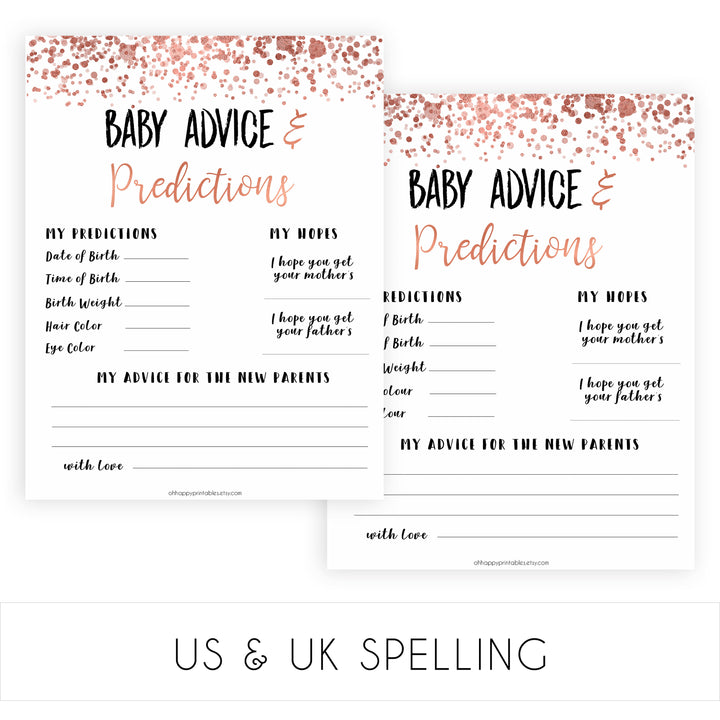 Rose Gold Baby Advice & Predictions, Advice for New Parents, Baby Advice Printable, Rose Gold Baby Shower, New Baby Predictions, printable baby shower games, fun baby shower games, popular baby shower games