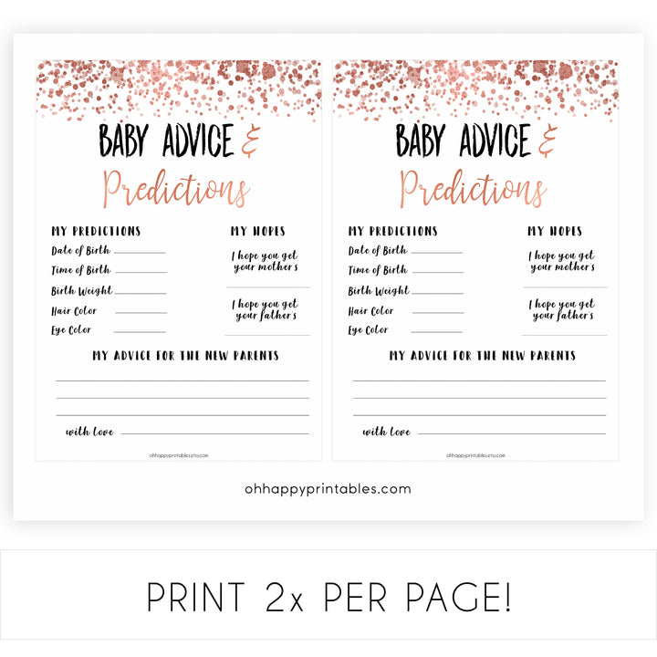 Rose Gold Baby Advice & Predictions, Advice for New Parents, Baby Advice Printable, Rose Gold Baby Shower, New Baby Predictions, printable baby shower games, fun baby shower games, popular baby shower games