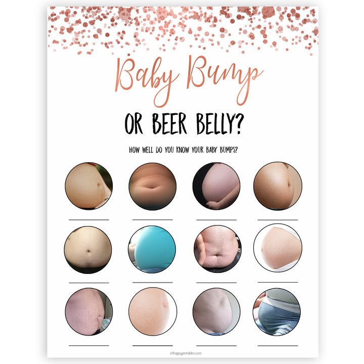 rose gold baby bump or beer belly game, printable baby shower games, fun baby games, rose gold baby games, popular baby games