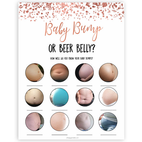 rose gold baby bump or beer belly game, printable baby shower games, fun baby games, rose gold baby games, popular baby games
