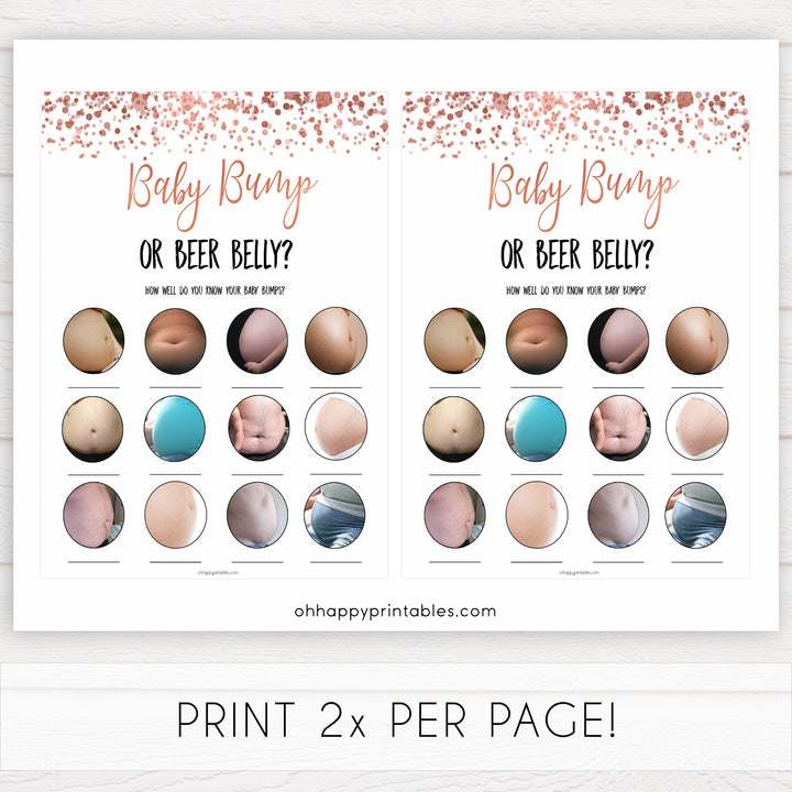 rose gold baby bump or beer belly game, printable baby shower games, fun baby games, rose gold baby games, popular baby games