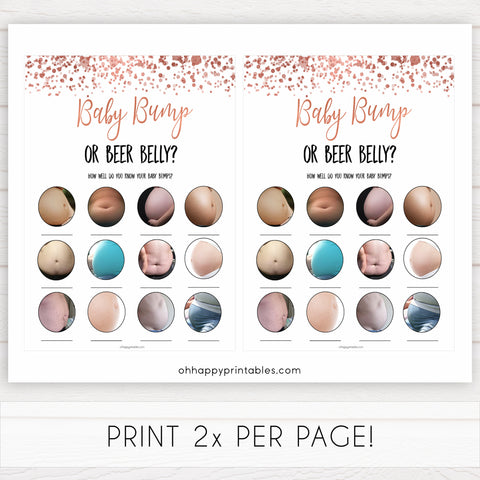 rose gold baby bump or beer belly game, printable baby shower games, fun baby games, rose gold baby games, popular baby games