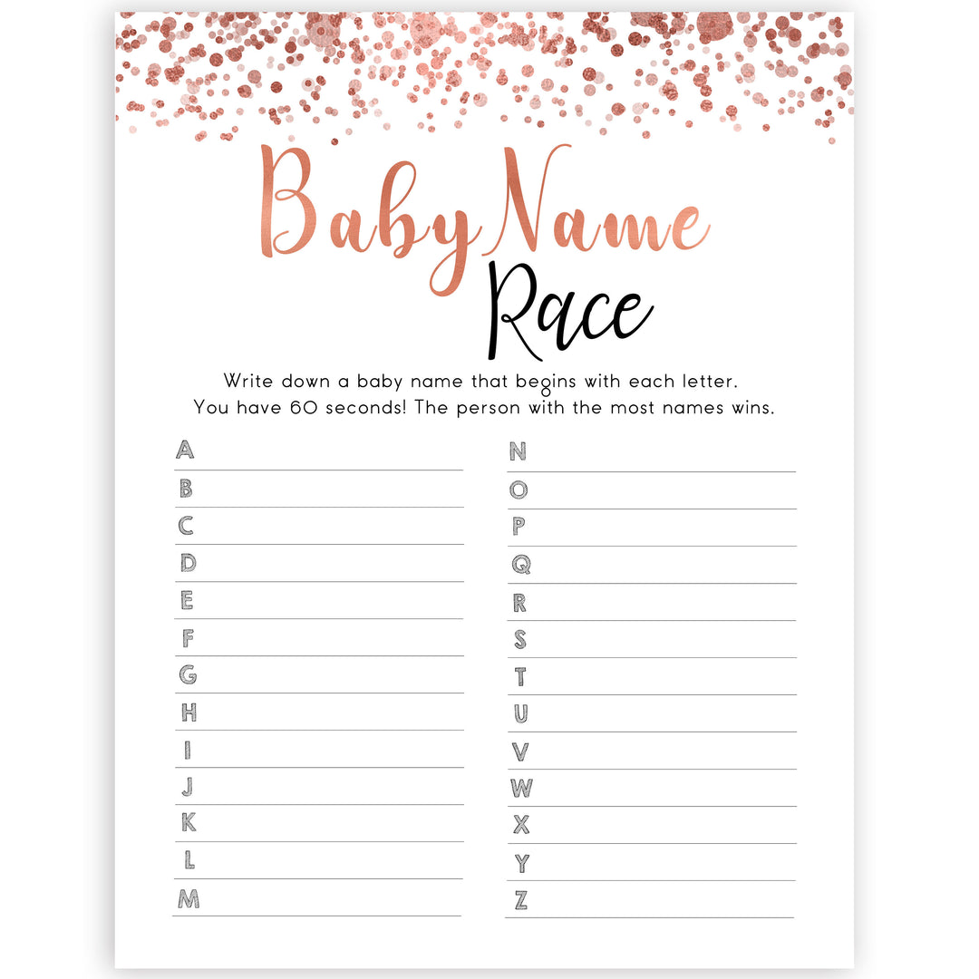 rose gold baby name race game, printable baby shower games, fun baby games, rose gold baby games, popular baby games