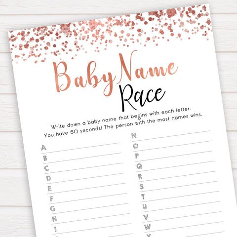 rose gold baby name race game, printable baby shower games, fun baby games, rose gold baby games, popular baby games