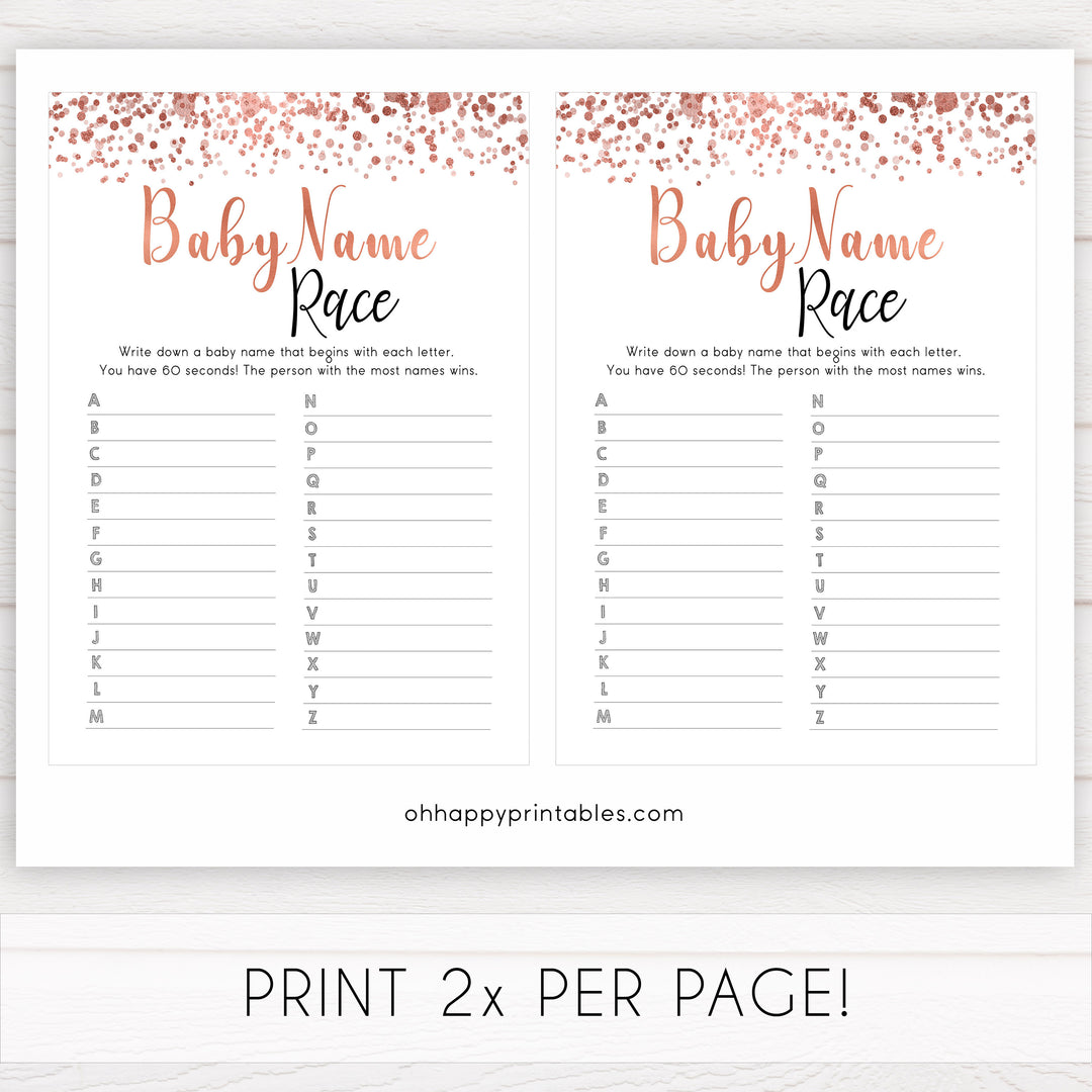 rose gold baby name race game, printable baby shower games, fun baby games, rose gold baby games, popular baby games