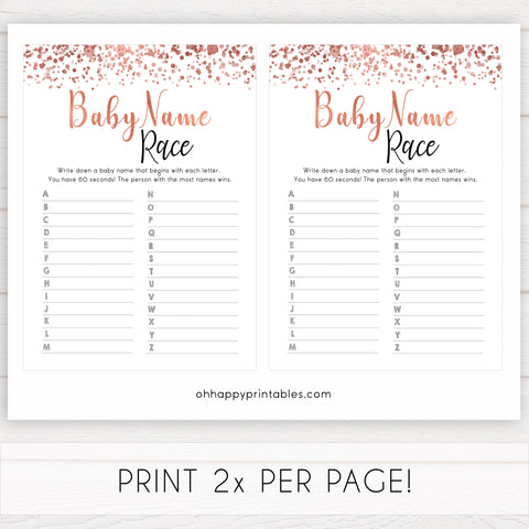 rose gold baby name race game, printable baby shower games, fun baby games, rose gold baby games, popular baby games