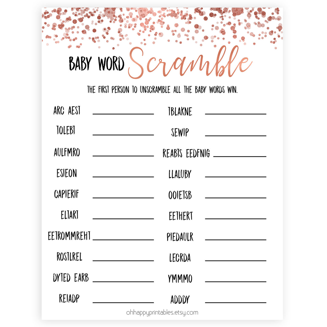 Rose Gold Baby Word Scramble Game, Baby Word Scramble, Baby Scattagories, Funny Baby Shower Games, Word Scramble, Baby Shower Printable baby shower games, fun baby shower games, popular baby shower game