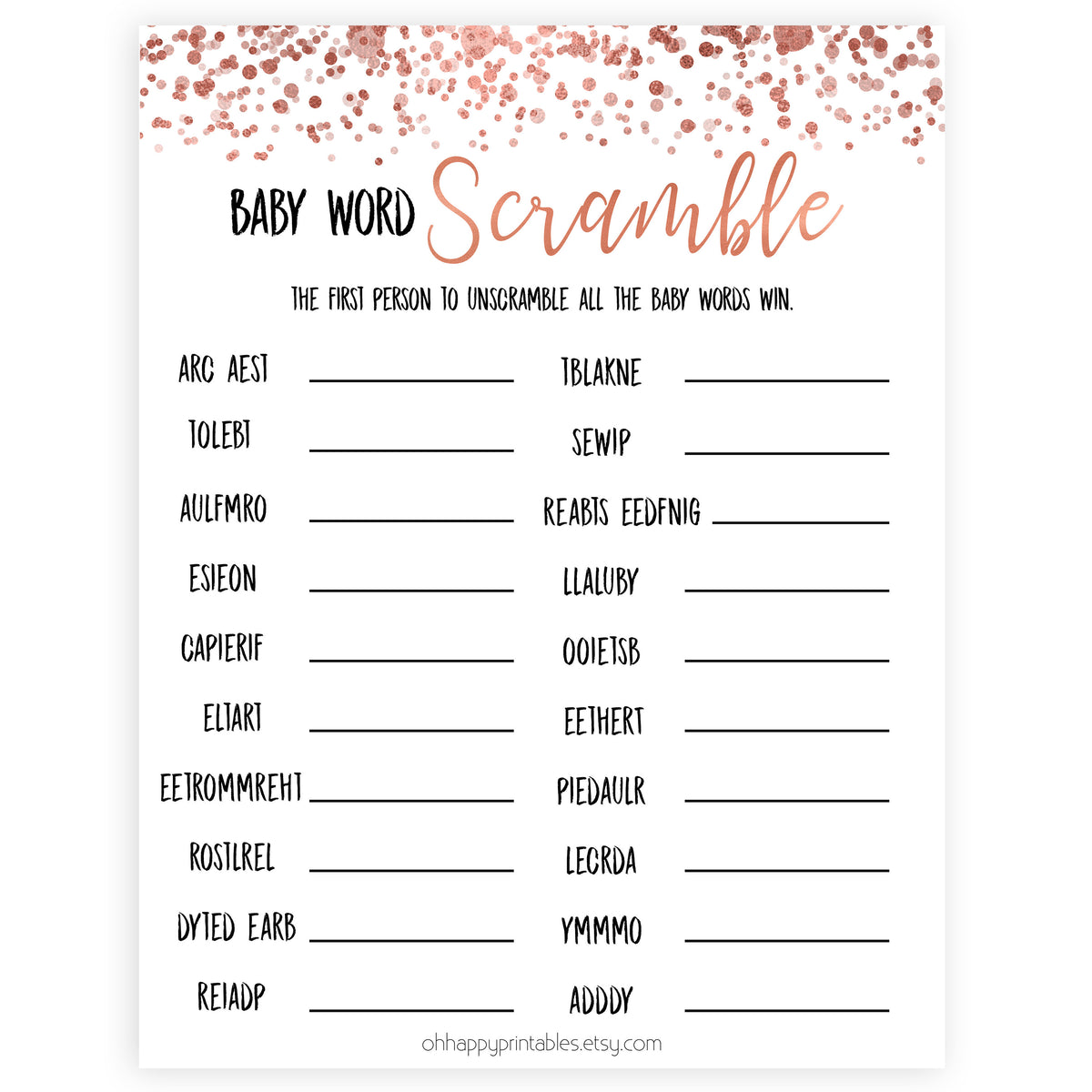 Rose Gold Baby Word Scramble Game, Baby Word Scramble, Baby Scattagories, Funny Baby Shower Games, Word Scramble, Baby Shower Printable baby shower games, fun baby shower games, popular baby shower game
